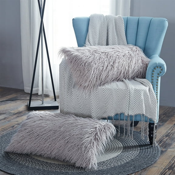 Home Soft Things Mongolian Faux-fur Pillow Covers Luxury Fluffy Throw Pillow Case Decorative Fuzzy Cushion Cover, No Pillow Insert, Set of 2 - Silver Cloud - 14" x 26" LUMBAR