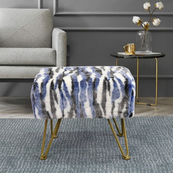 Home Soft Things Multi Jacquard Faux Fur Ottoman - Blue - 19x13x17"