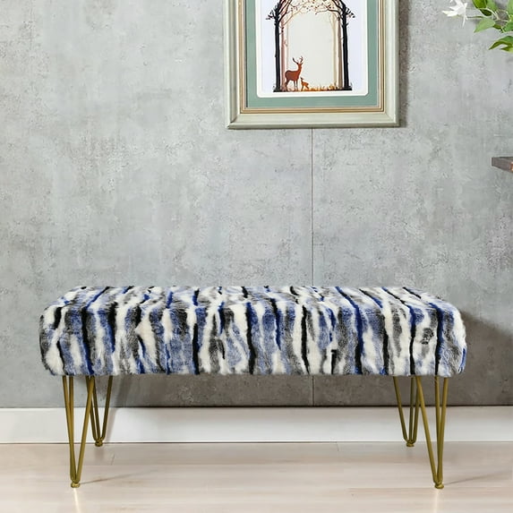 Home Soft Things Multi Jacquard Faux Fur Ottoman - Blue - 46x16x17"