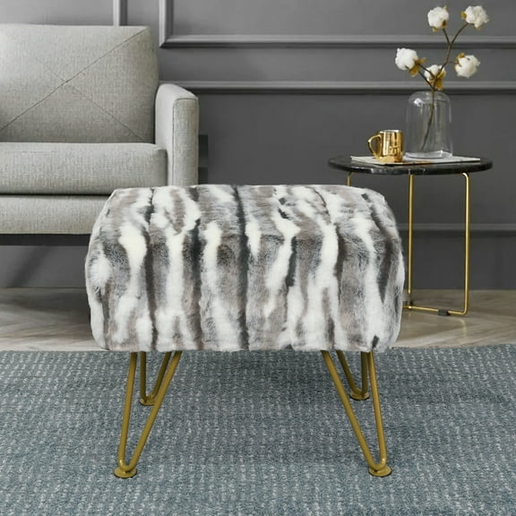 Home Soft Things Multi Jacquard Faux Fur Ottoman - Grey - 19x13x17"