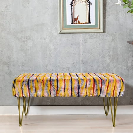 Home Soft Things Multi Jacquard Faux Fur Ottoman - Orange - 46x16x17"