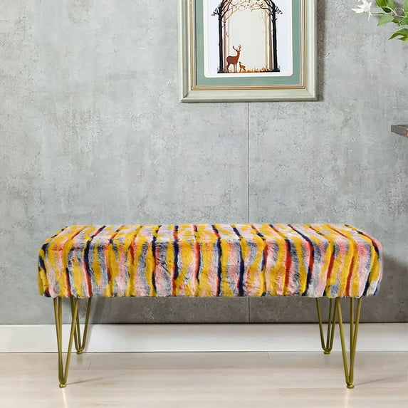 Home Soft Things Multi Jacquard Faux Fur Ottoman - Orange - 46x16x17"