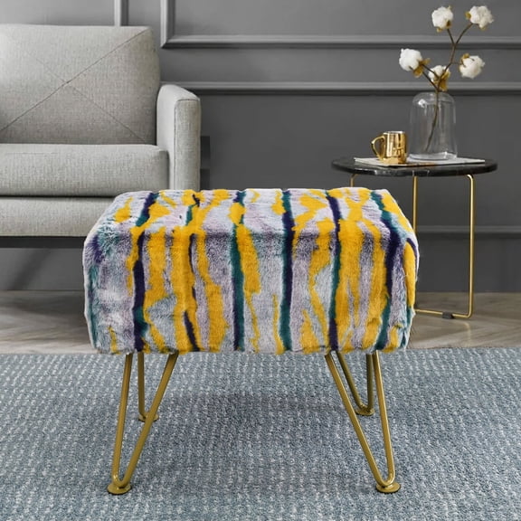 Home Soft Things Multi Jacquard Faux Fur Ottoman - Teal - 19x13x17"