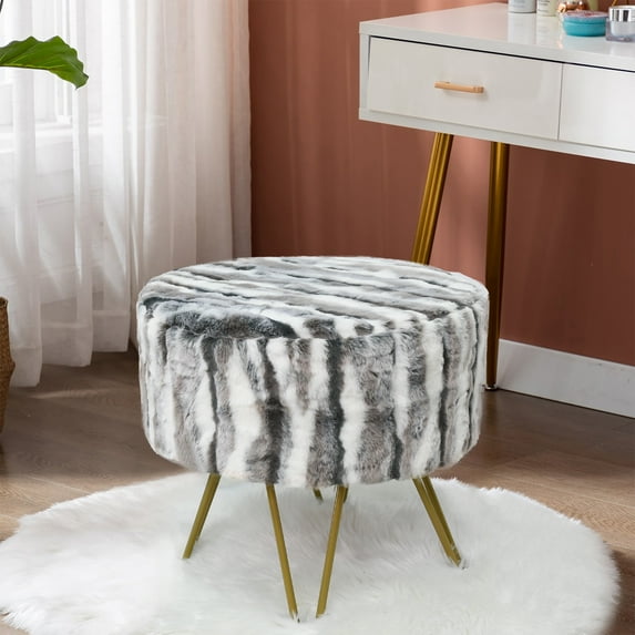 Home Soft Things Multi Jacquard Faux Fur Round Ottoman - Grey - 18" x 18" x 18"