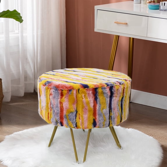 Home Soft Things Multi Jacquard Faux Fur Round Ottoman - Orange - 18" x 18" x 18"
