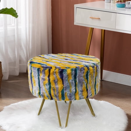 Home Soft Things Multi Jacquard Faux Fur Round Ottoman - Teal - 18" x 18" x 18"