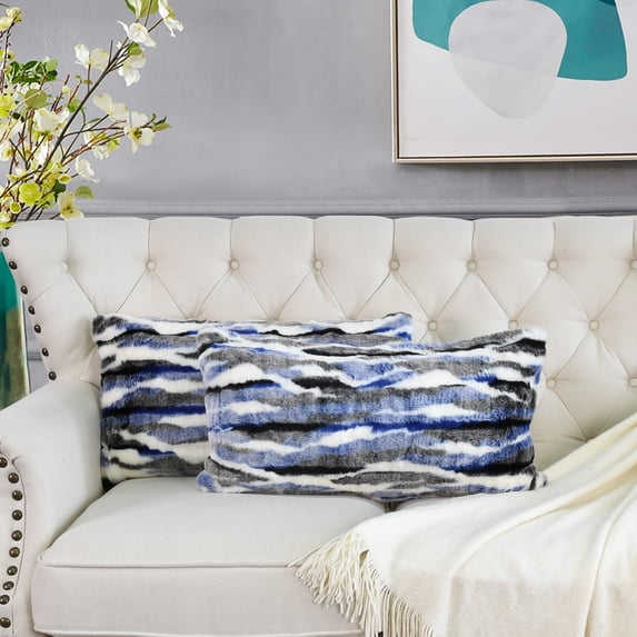 Home Soft Things Multi Jacquard Faux Fur Throw Pillow Cover 2pcs Set - Blue - 14'' x 26''