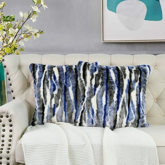 Home Soft Things Multi Jacquard Faux Fur Throw Pillow Cover 2pcs Set - Blue