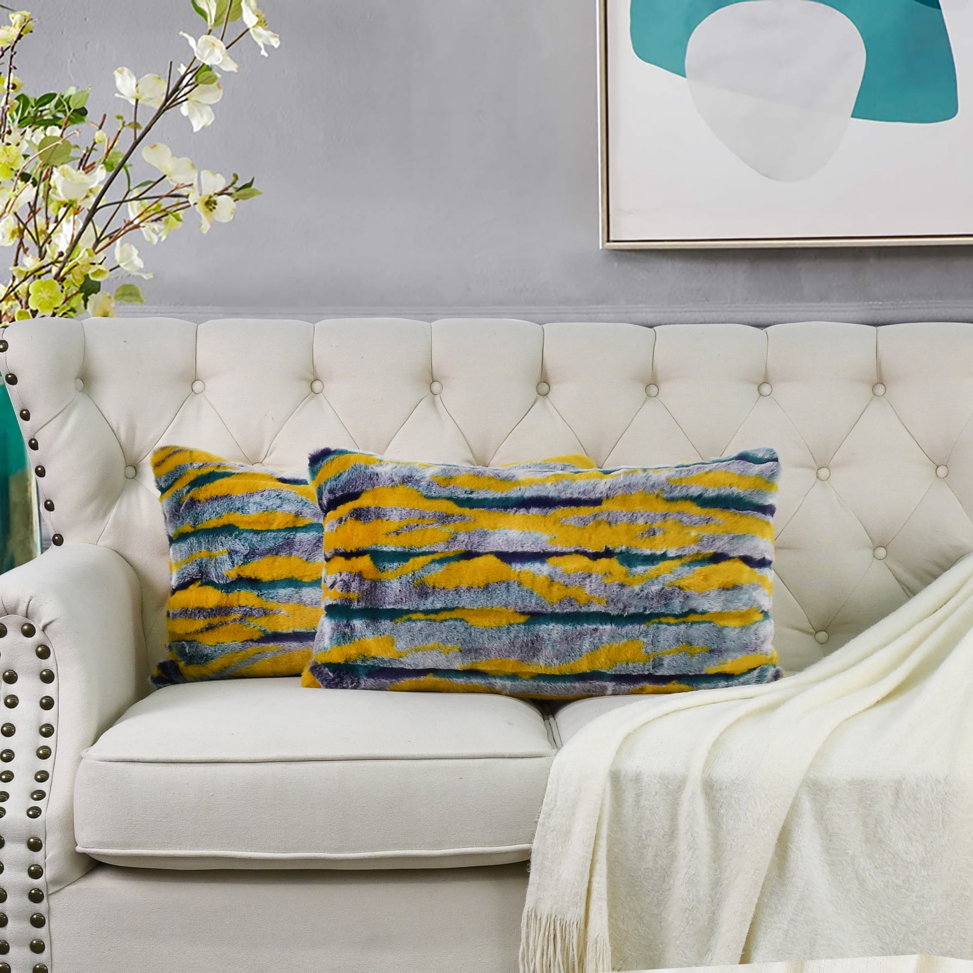 Home Soft Things Multi Jacquard Faux Fur Throw Pillow Cover 2pcs Set - Teal - 14'' x 26''
