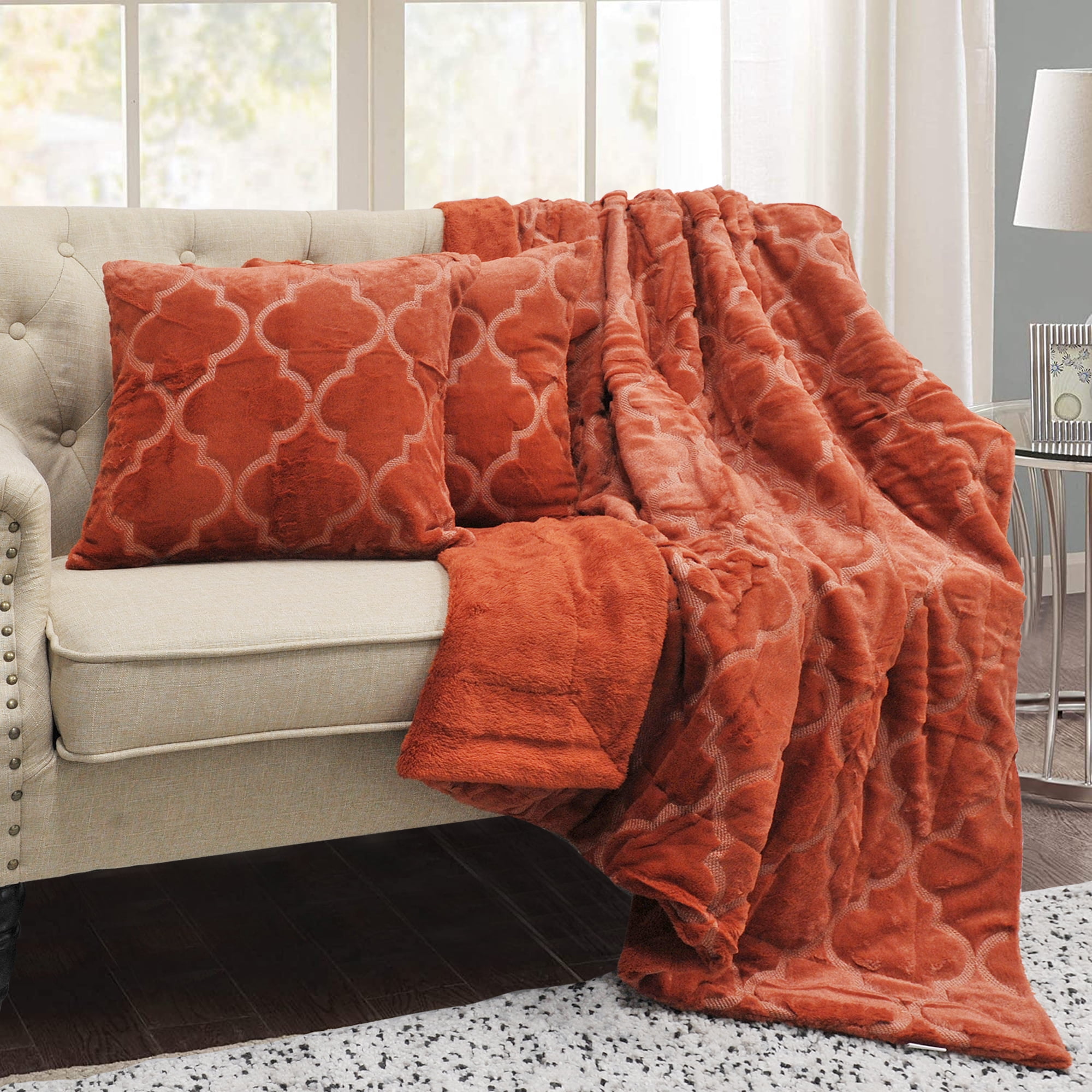 Home Soft Things Ogee Tatami Faux Fur & Pillow Cover Set - Burnt Orange - 50" x 60"/18" x 18"
