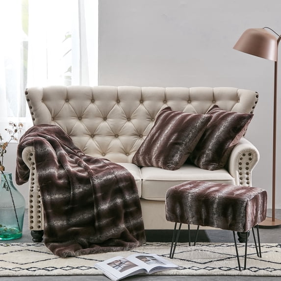 Home Soft Things Ottoman Combo - Tip Printing Light Faux-fur Throw/Pillow Cover/Ottoman 4 Piece Set - Arusha Light Brown - 50" x 60"/20" x 20"/19" x 13" x 17"