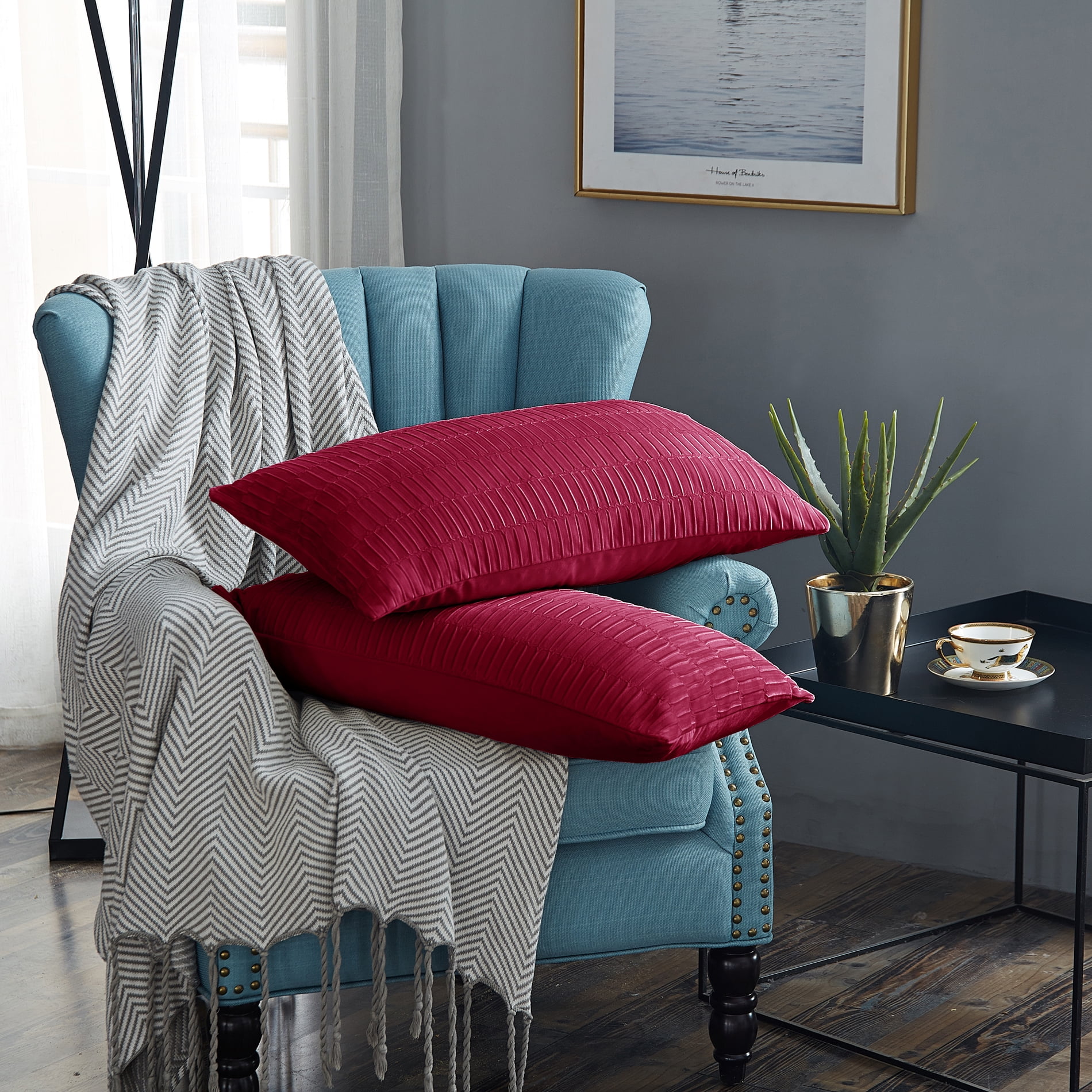 Garnet Red Pleated Velvet 14" x 26" Accent Pillow Covers