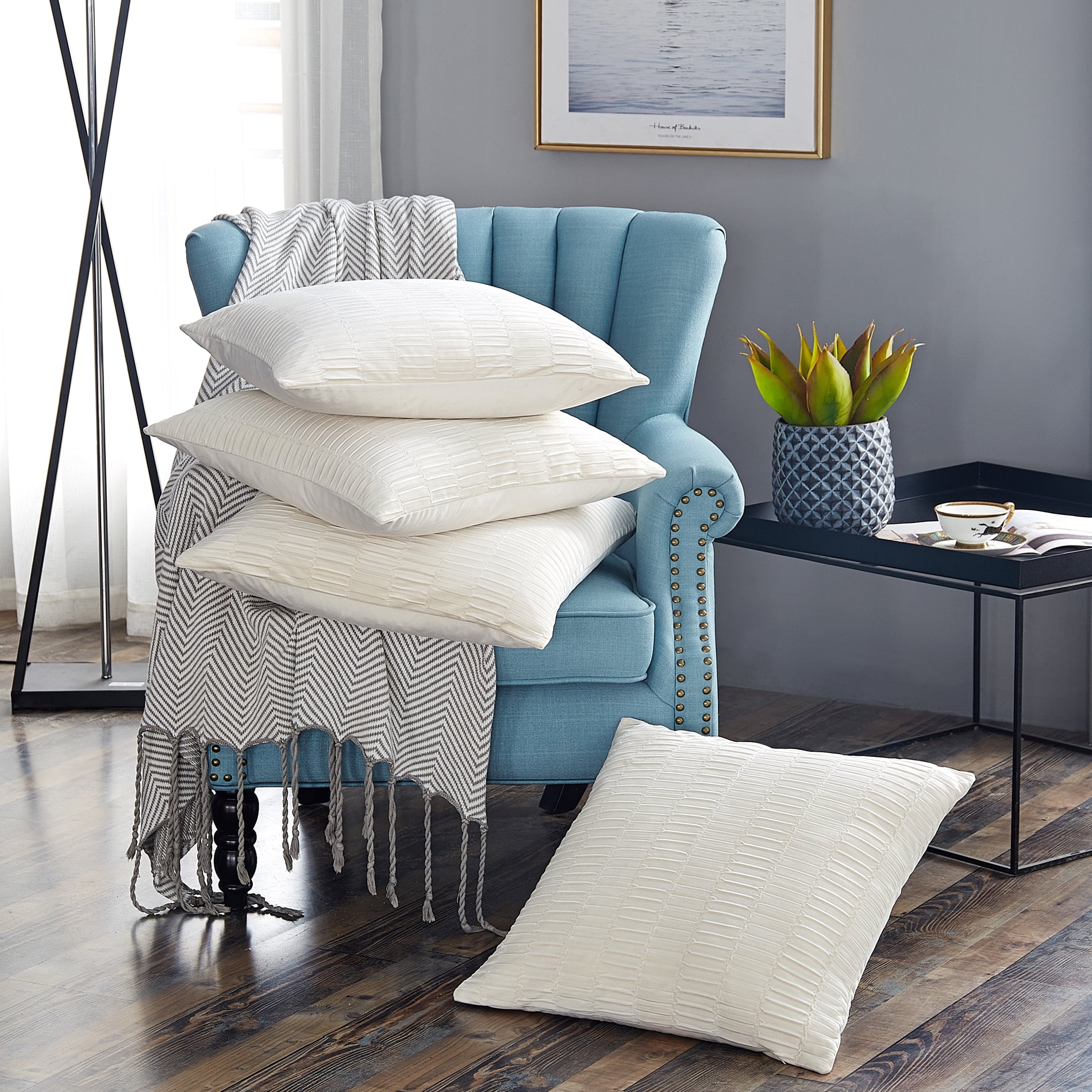 Gardenia Off-White Pleated Polyester Square Pillow Covers Set