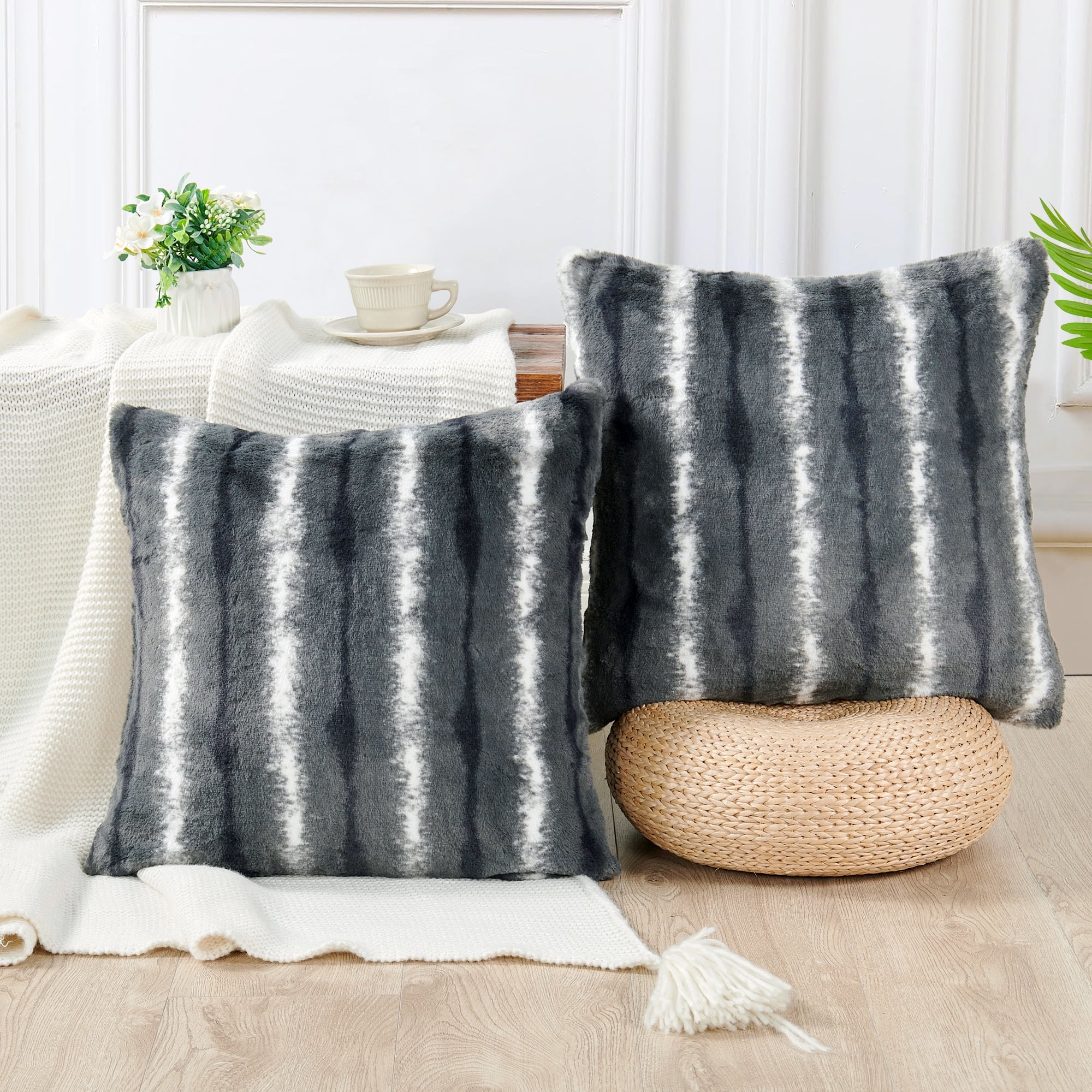 Gray Faux Fur Striped Microsuede Pillow Covers Set of 2, 20" x 20"