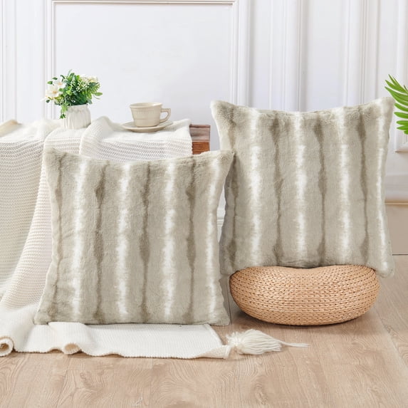 Home Soft Things Plush Striped Faux Fur Throw Pillow Covers, Modern Soft Pillow Cases for Sofa or Bed, Pillow Inserts Not Included, Set of 2, 20" x 20", Amanda Stripe-Oatmeal