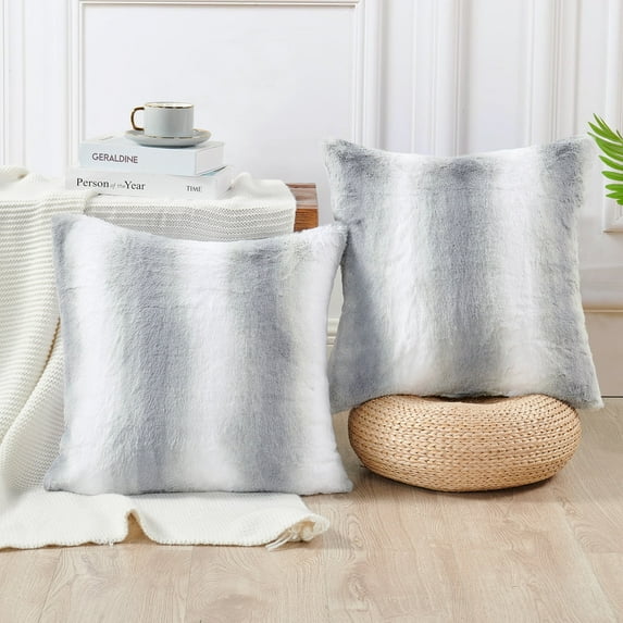 Home Soft Things Plush Striped Faux Fur Throw Pillow Covers, Modern Soft Pillow Cases for Sofa or Bed, Pillow Inserts Not Included, Set of 2, 20" x 20", Beckie Stripe-Grey Flannel