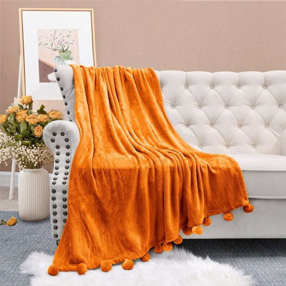 Home Soft Things Pompom Flannel Fleece Throw Burnt Orange 60'' x 80''