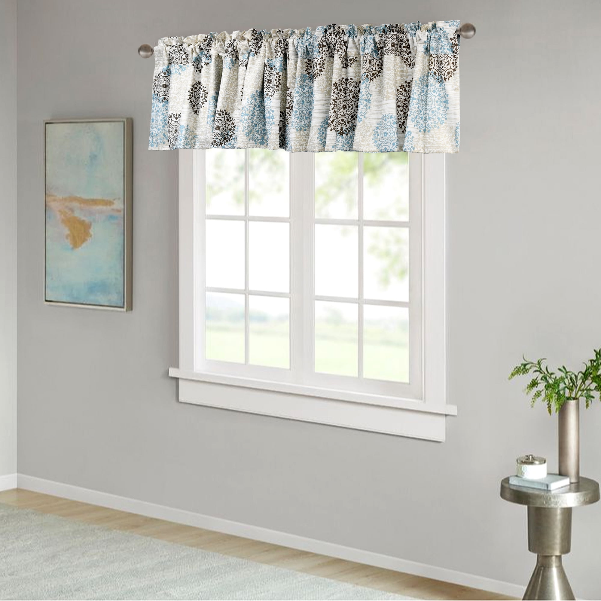 Home Soft Things Marina Geometric Tailored 60'' Window Valance in Brown/Light Blue/Beige/White (Set of 2)