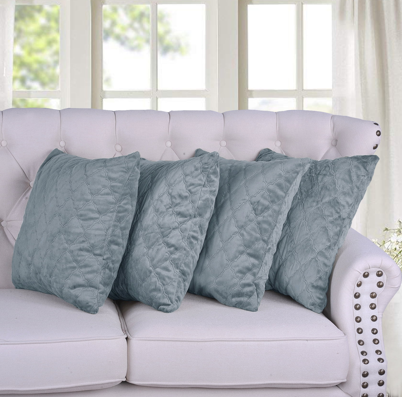 Ashley Blue Embroidered Polyester Microsuede Throw Pillow Covers Set