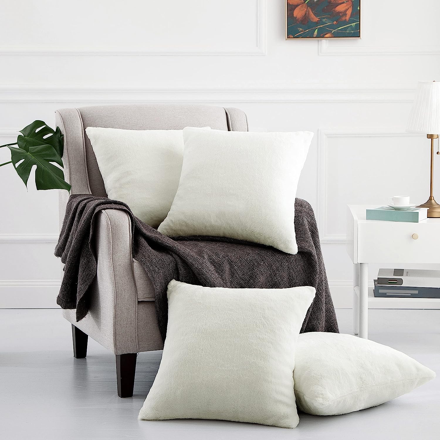 Home Soft Things Rabbit Faux-fur Throw Pillow Cover 4 Piece Set, 20" x 20", Antique White