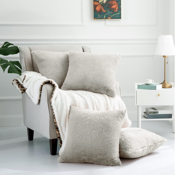 Home Soft Things Rabbit Faux-fur Throw Pillow Cover 4 Piece Set, 20" x 20", Light Grey