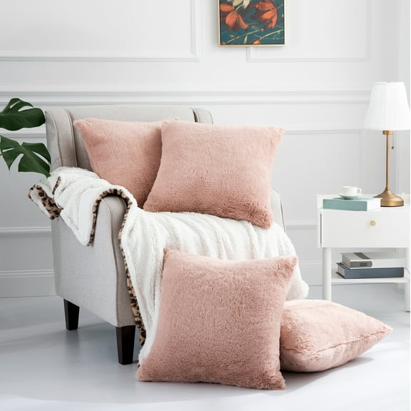 Home Soft Things Rabbit Faux-fur Throw Pillow Cover 4 Piece Set, 20" x 20", Peach Blush