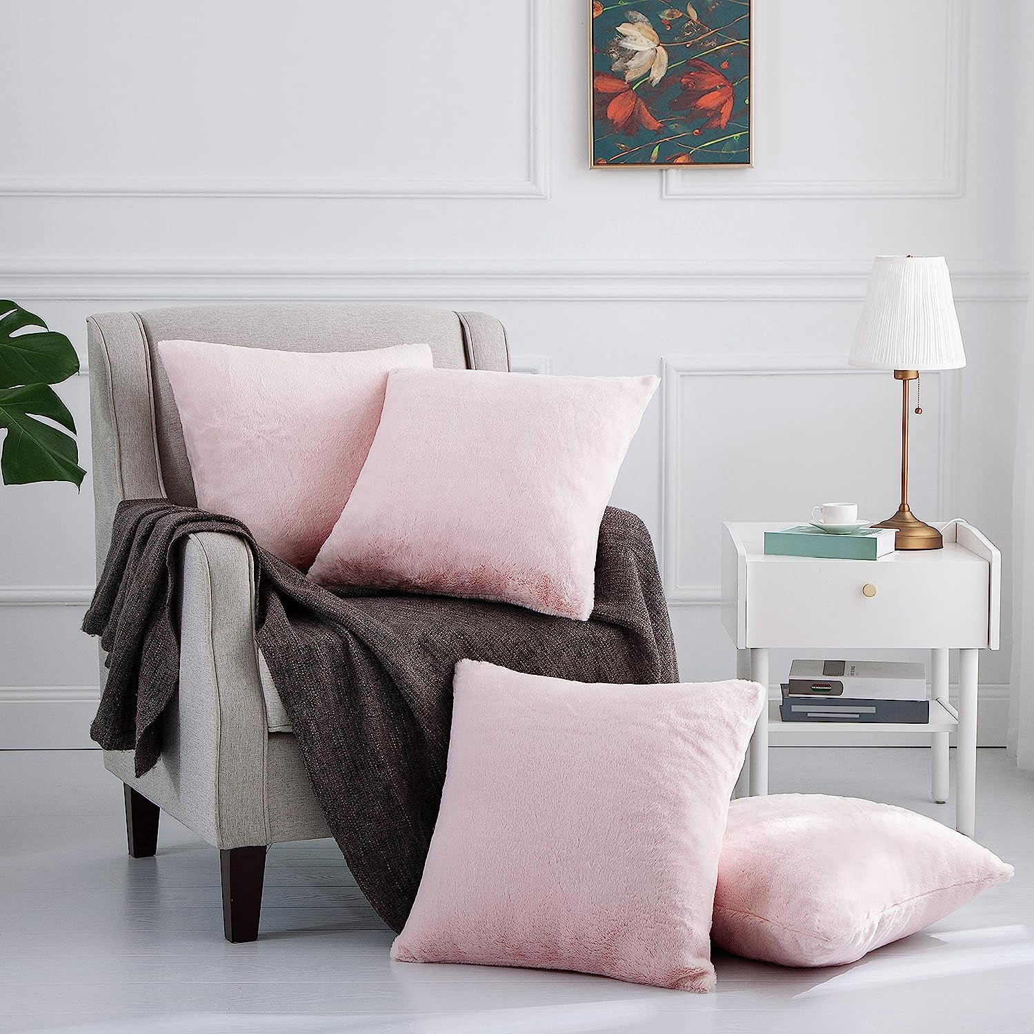 Home Soft Things Rabbit Faux-fur Throw Pillow Cover 4 Piece Set, 20" x 20", Soft Pink
