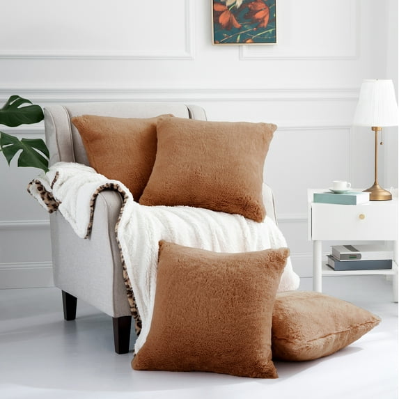 Home Soft Things Rabbit faux-fur Throw Pillow Cover 4 Piece Set, 20" x 20", Umber