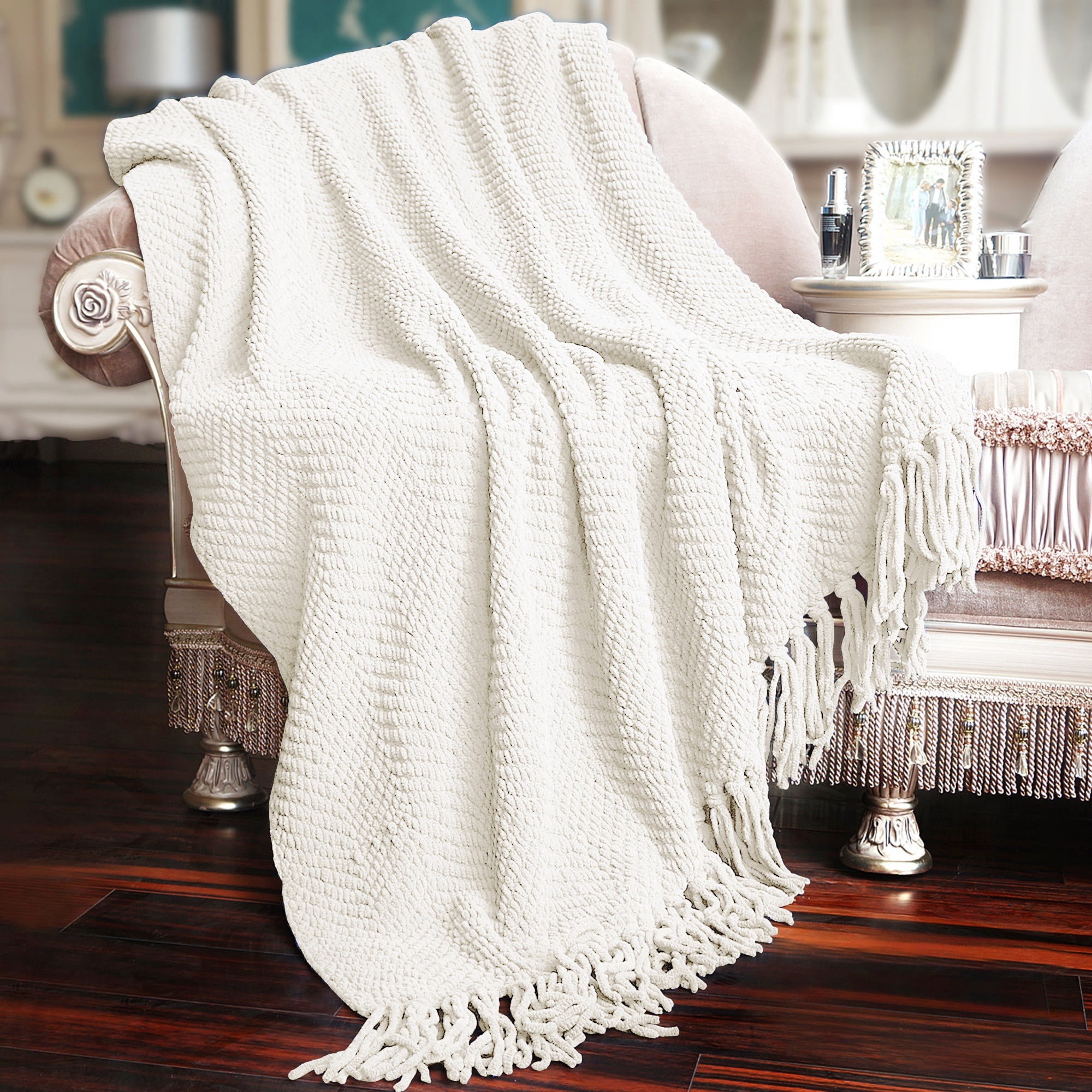 Home Soft Things Reversible Tweed Throw Blanket, Super Soft & Cozy - Antique White, 60x80"