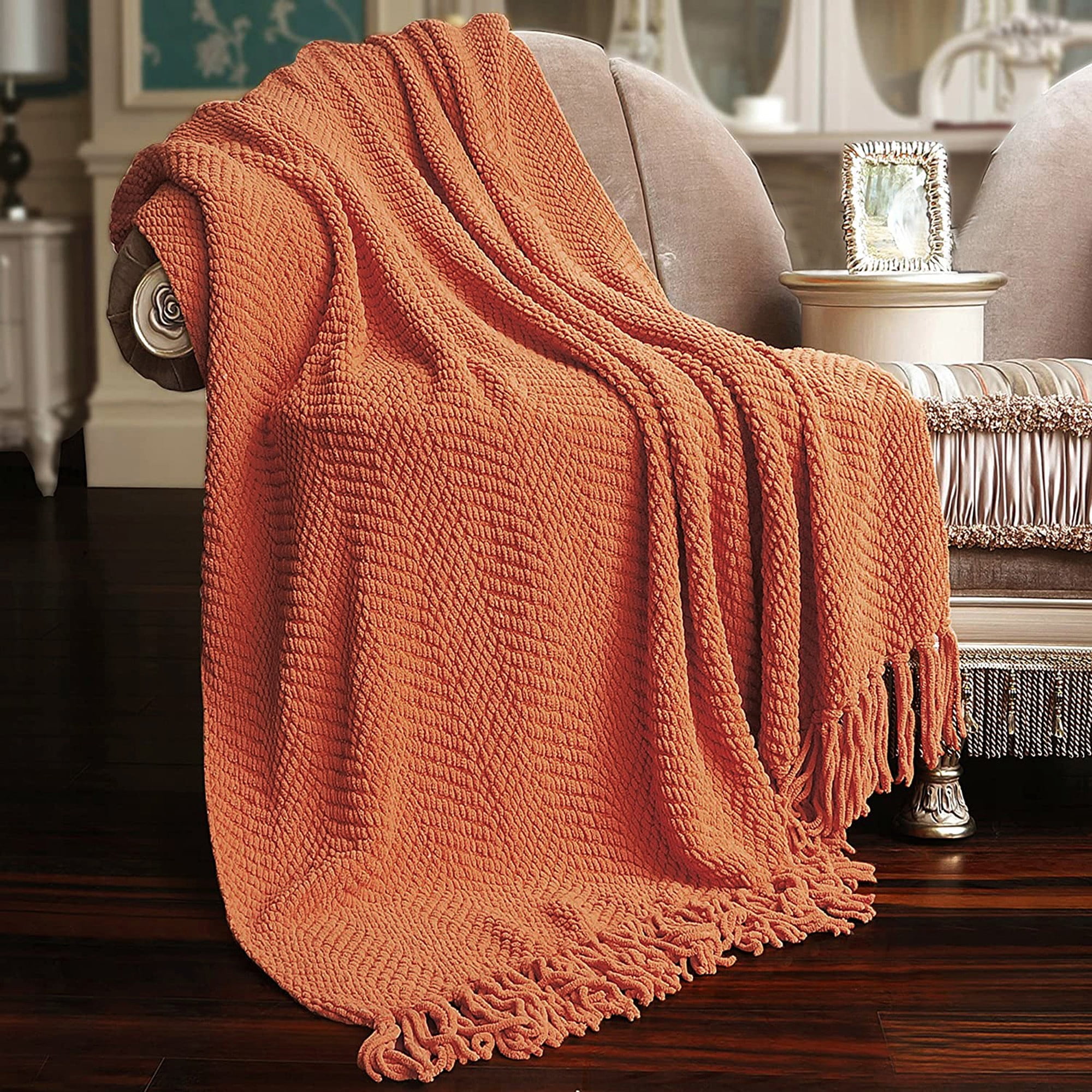 Rust Knitted Tweed Throw Blanket with Tassels, 50x60"