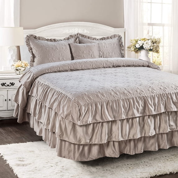 Home Soft Things Ruffle Matte Satin 4-Pieces Taupe Bedding Sets, Queen