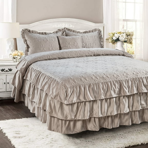 Home Soft Things Ruffle Matte Satin 4-Pieces Taupe Bedding Sets, Queen