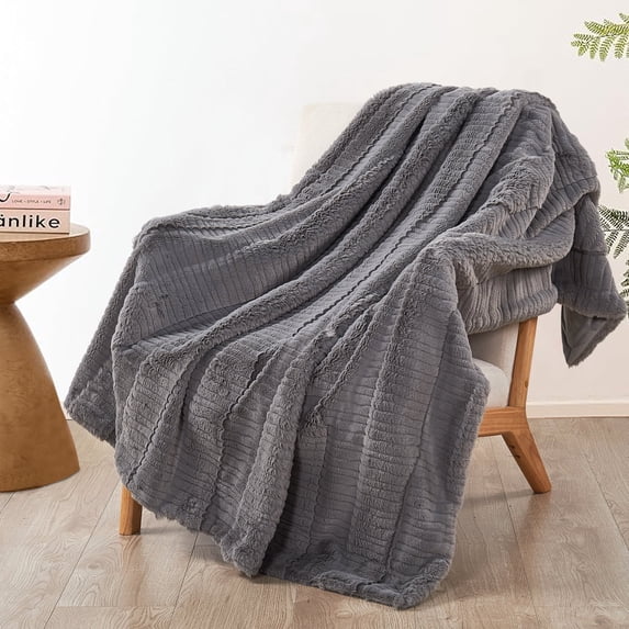 Home Soft Things Sculpted Stripe Faux Fur Throw Blanket with Micromink Back, Luxury Soft Cozy Plush Fluffy Fuzzy Reversible Thick Warm Throw Blanket, 50x60 inches, Grey