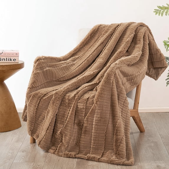 Home Soft Things Sculpted Stripe Faux Fur Throw Blanket with Micromink Back, Luxury Soft Cozy Plush Fluffy Fuzzy Reversible Thick Warm Throw Blanket, 50x60 inches, Light Taupe