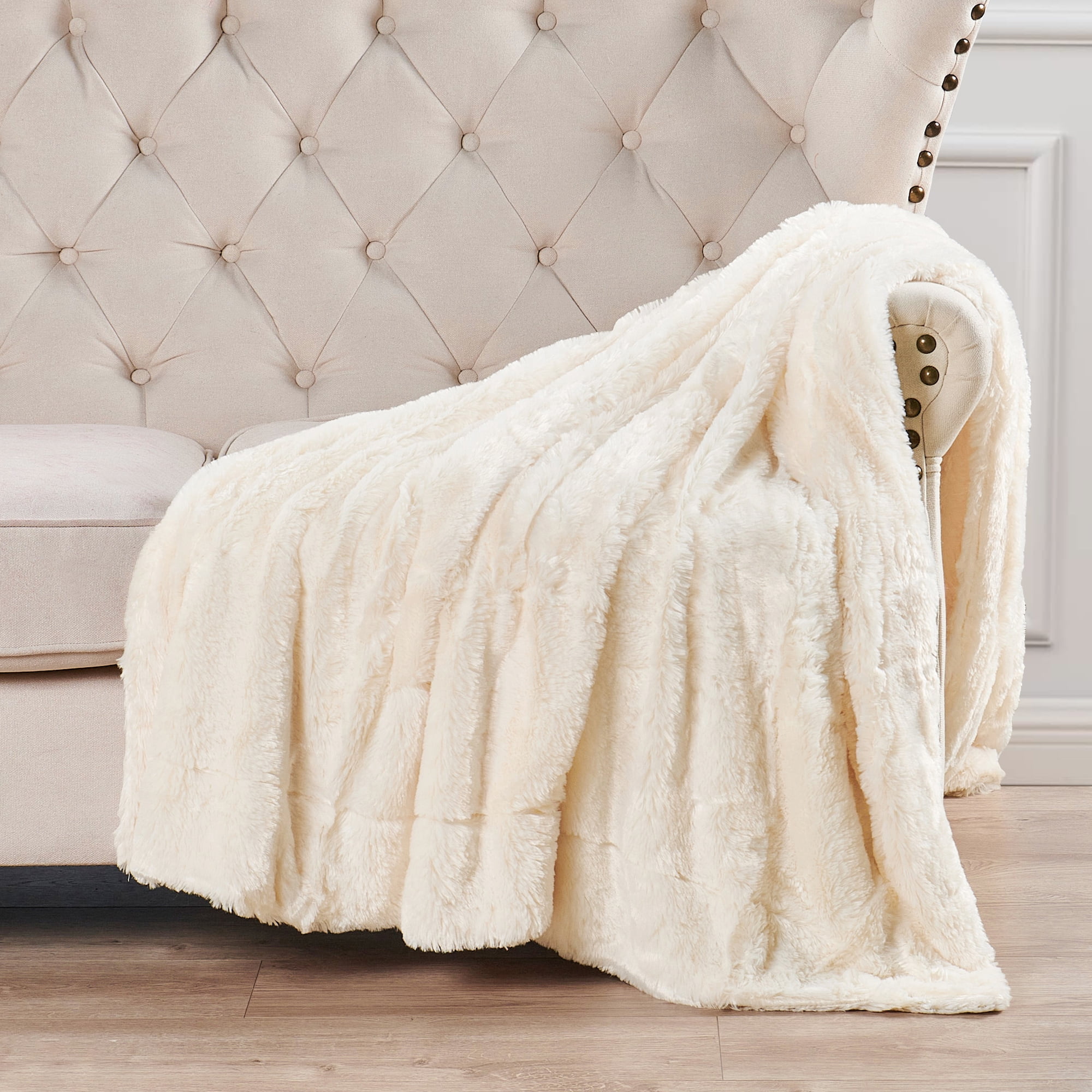 Ivory Reversible Faux Fur and Fleece Throw Blanket