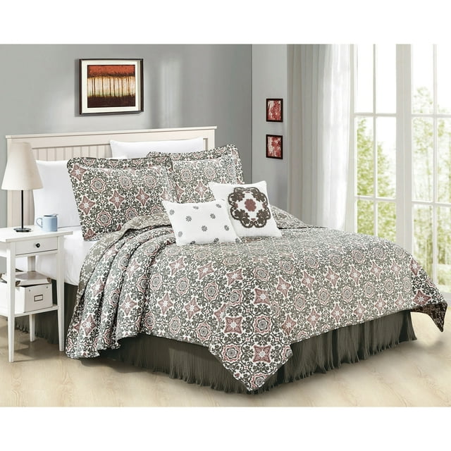 Home Soft Things 6 Piece Coventry Printed Quilt Set with bedskirt, Queen (90" x 90")