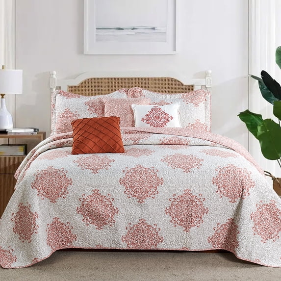 Home Soft Things 6 Piece Chelsea Printed Quilt bedspread Set - Coral - Queen (90"x90")