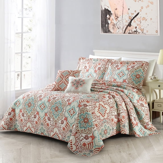 Home Soft Things 5 Piece Printed Microfiber Quilt Bedspread Set - Bennington Damask Coral - King (102" x 90")