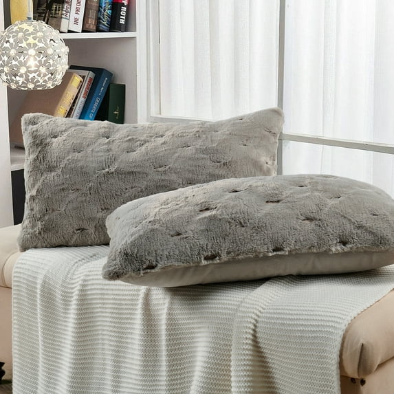 Home Soft Things Serenta Jacquard Rabbit Faux Fur Throw Pillow Covers 2 Piece Set, 14" x 26", Grey