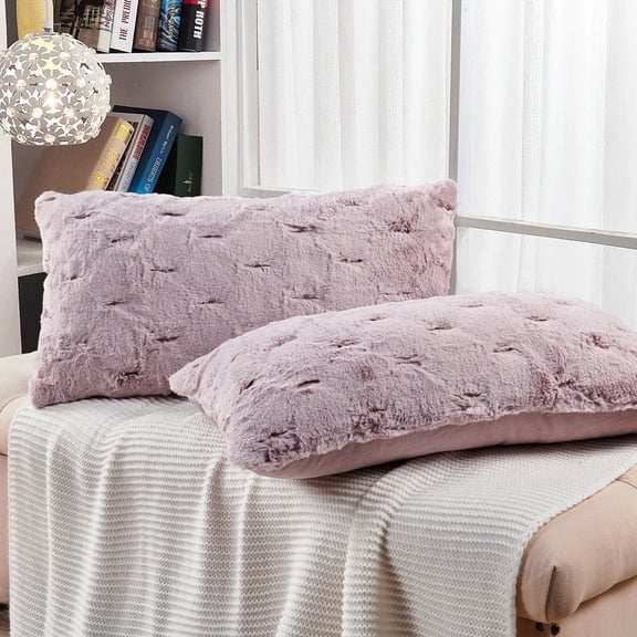 Home Soft Things Jacquard Rabbit Faux Fur Throw Pillow Covers 2 Piece Set, 14" x 26", Pink