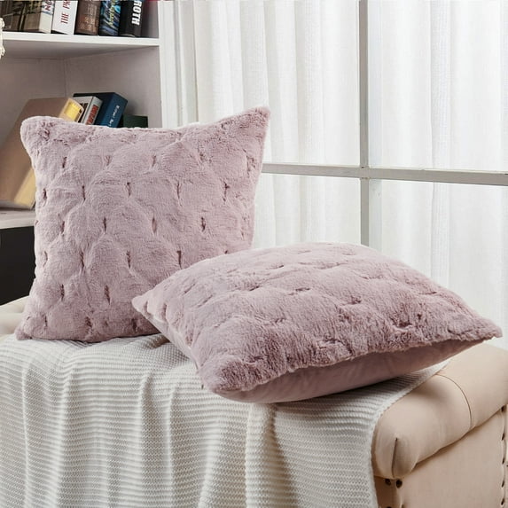 Home Soft Things Serenta Jacquard Rabbit Faux Fur Throw Pillow Covers 2 Piece Set, 20" x 20", Pink