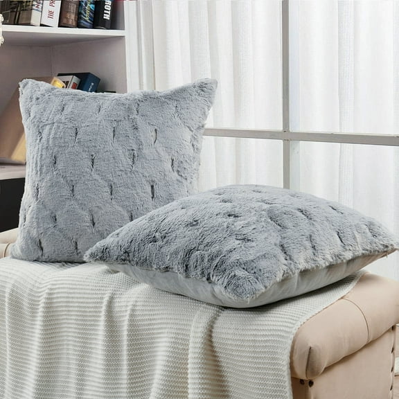 Home Soft Things Serenta Jacquard Rabbit Faux Fur Throw Pillow Covers 2 Piece Set, 20" x 20", Silver Grey