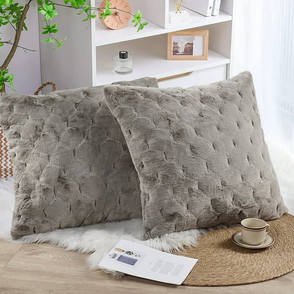 Home Soft Things Serenta Jacquard Rabbit Faux Fur Throw Pillow Covers 2 Piece Set, 26" x 26", Grey