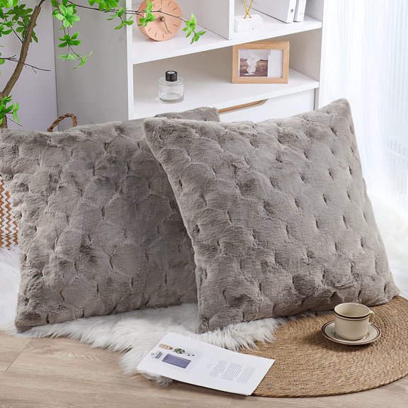 Home Soft Things Serenta Jacquard Rabbit Faux Fur Throw Pillow Covers 2 Piece Set, 26" x 26", Grey