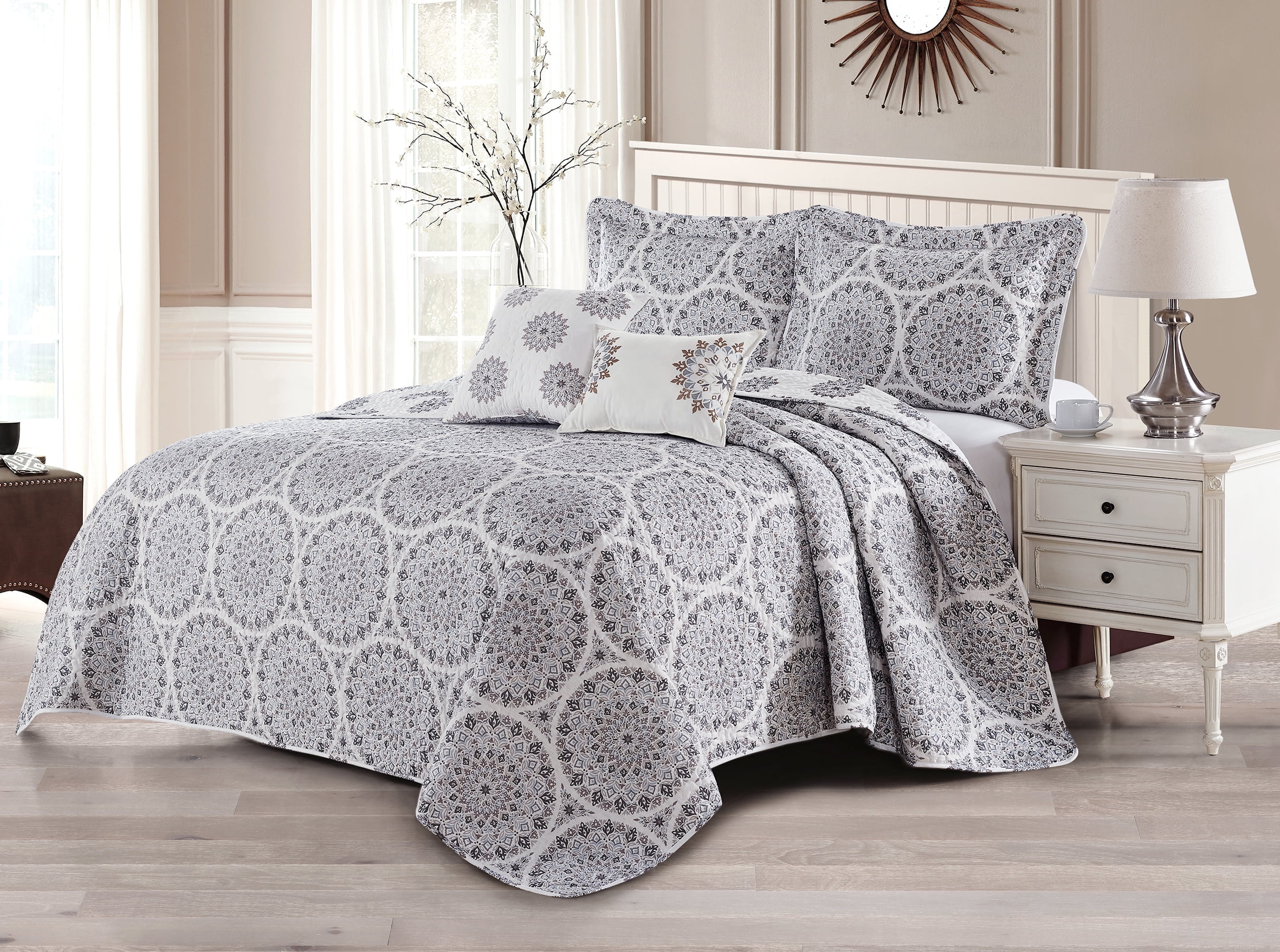 Gray Medallion Reversible King Microfiber Quilt Set