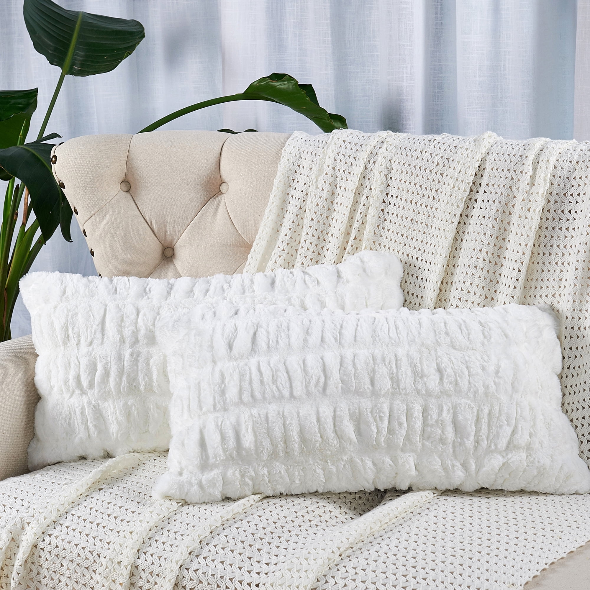 Home Soft Things Shar Pei Faux Fur Decorative Throw Pillow Covers, Soft Velvety Pillow Cases Cushion Covers, No Pillow Insert, Set of 2, Bright White, 14" x 26"