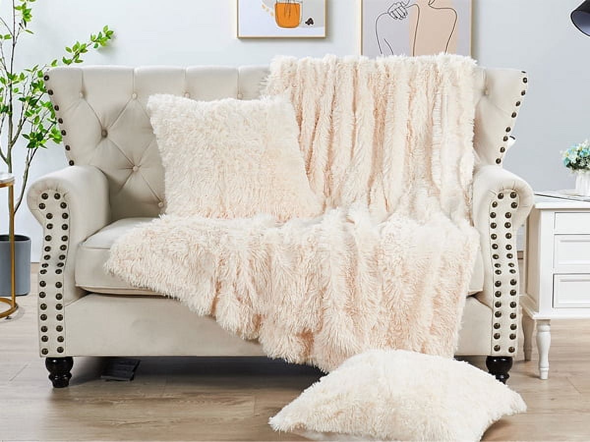 Home Soft Things Shaggy Throw & Pillow Cover 3 Piece Combo - Ivory - 60" x 80"/20" x 20"