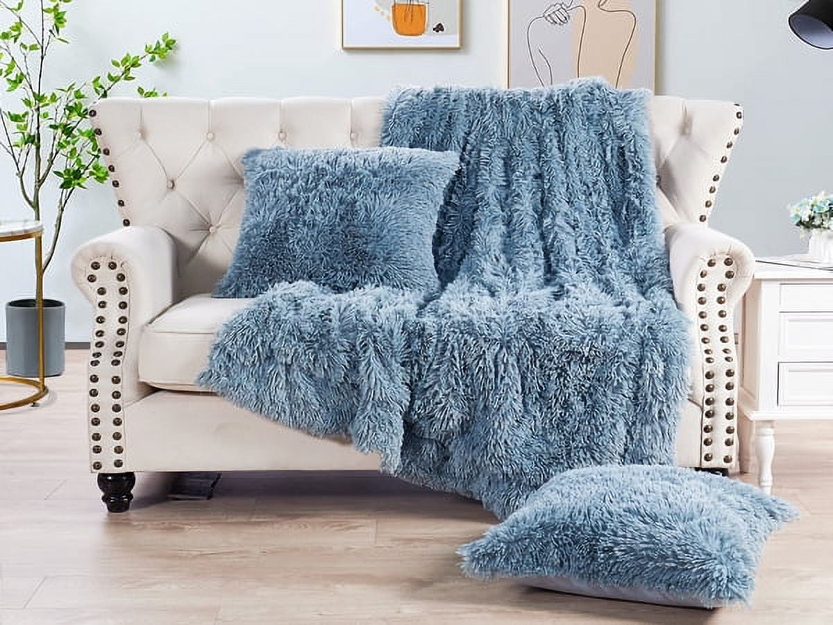 Home Soft Things Shaggy Throw & Pillow Cover 3 Piece Combo - Silver Blue - 50" x 60"/20" x 20"
