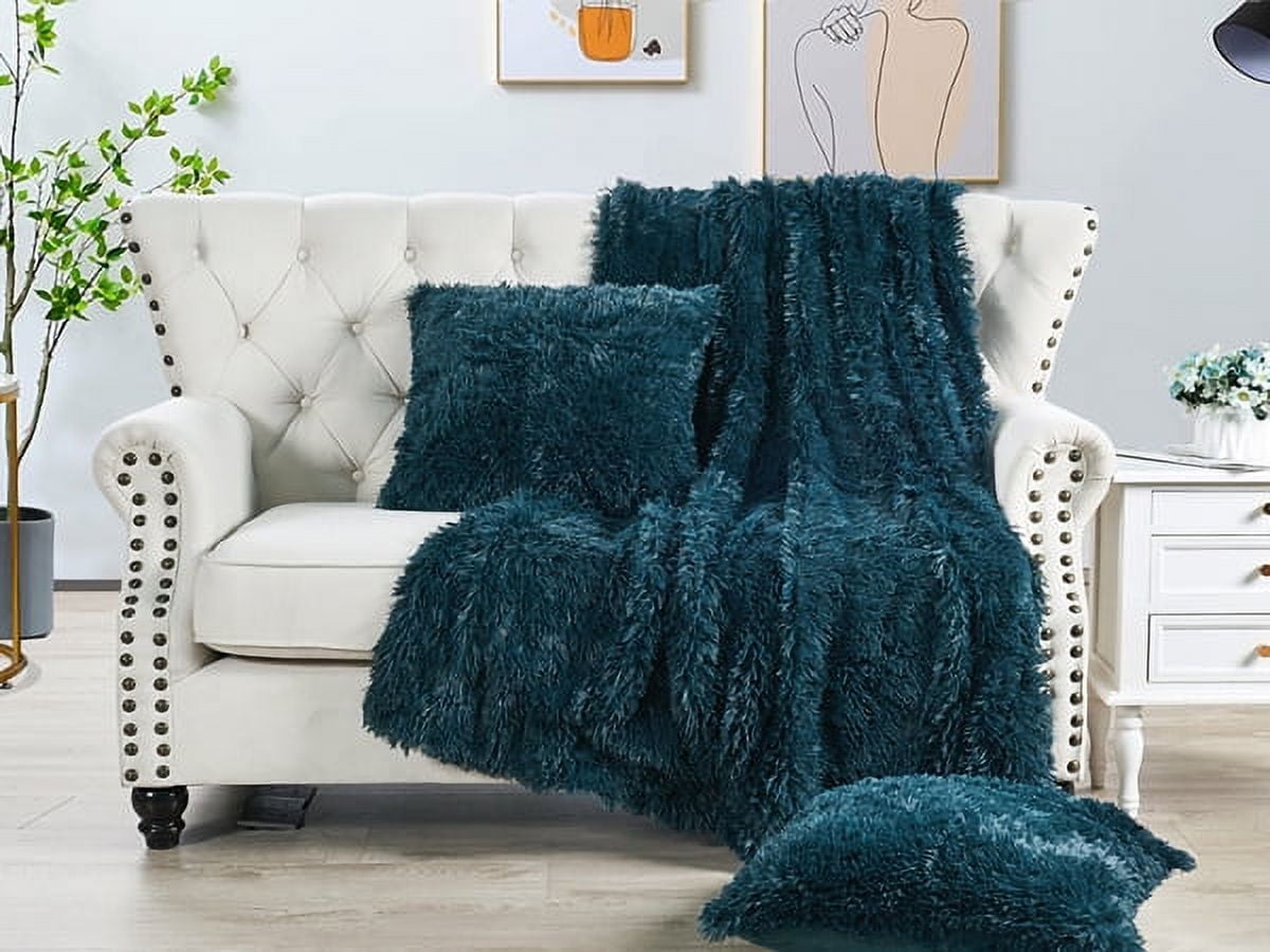 Home Soft Things Shaggy Throw & Pillow Cover 3 Piece Combo - Teal - 60" x 80"/20" x 20"
