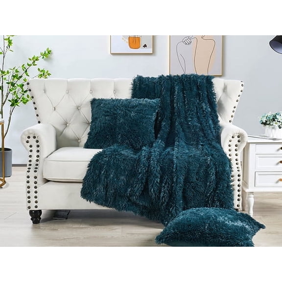 Home Soft Things Shaggy Throw & Pillow Cover 3 Piece Combo - Teal - 60" x 80"/20" x 20"